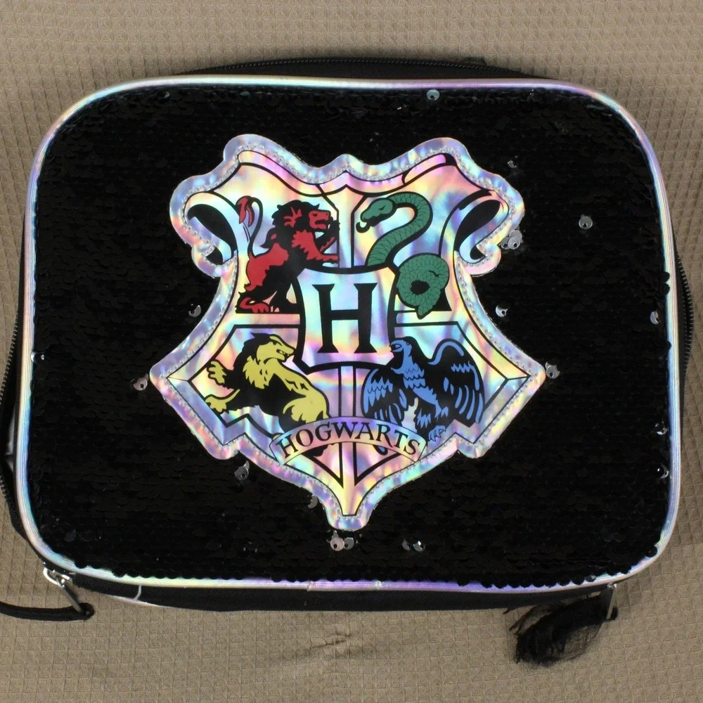 Harry Potter Lunch Bag Hogwarts Crest Flip Sequin Insulated Black Silver OS